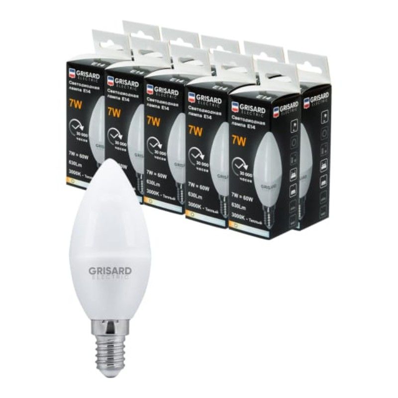 Лампа светодиодная GRISARD ELECTRIC C35 Е14 7Вт 4000К 220В, Нейтральный белый свет 100 шт - изображение 7